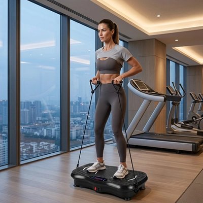Femme utilisant une plateforme vibrante avec poignées, salle vue panoramique.