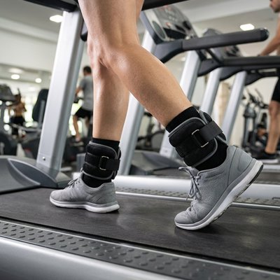 Gros plan de jambes sur tapis avec poids pour les chevilles.