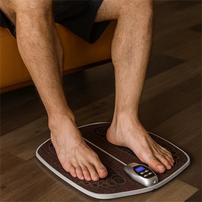 Gros plan sur des pieds d'homme utilisant un appareil pour le massage des pieds