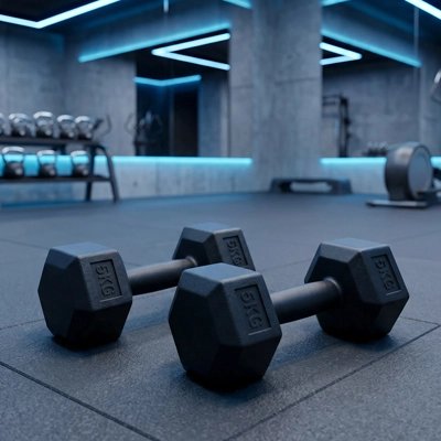Haltères posés sur sol de salle de sport éclairée LED.