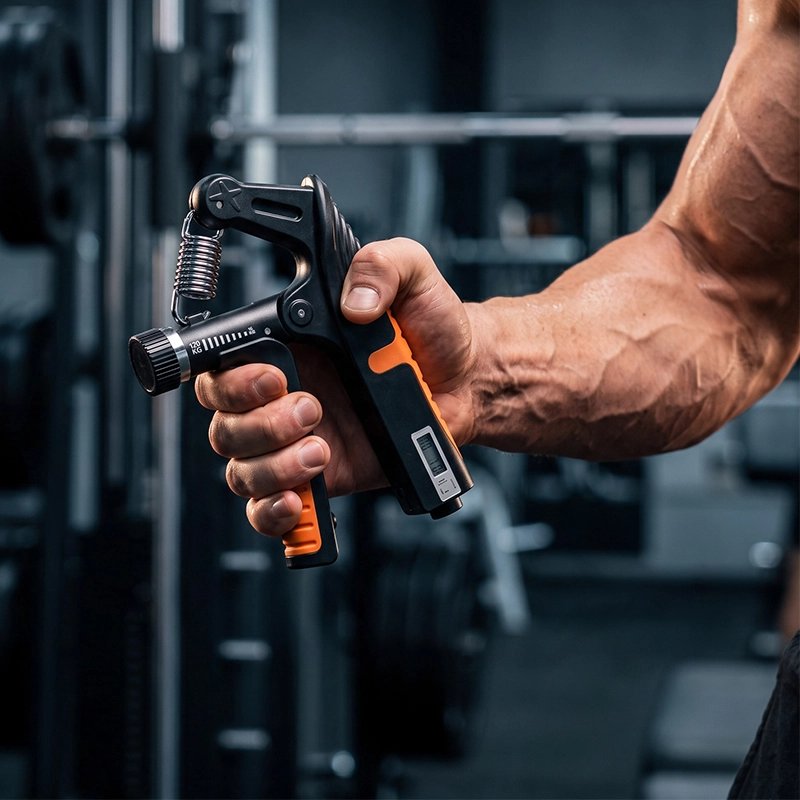 Hand grip ajustable tenu par un bras musclé en salle.