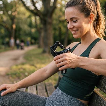 Hand grip ajustable tenu par une femme dans un parc.