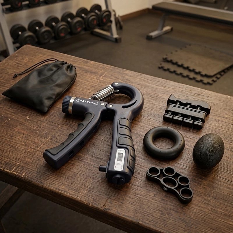 Hand grip, balle anti-stress et accessoires posés sur table.