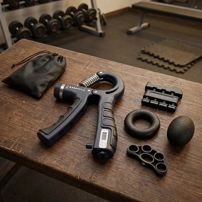 Hand grip, balle anti-stress et accessoires posés sur table.