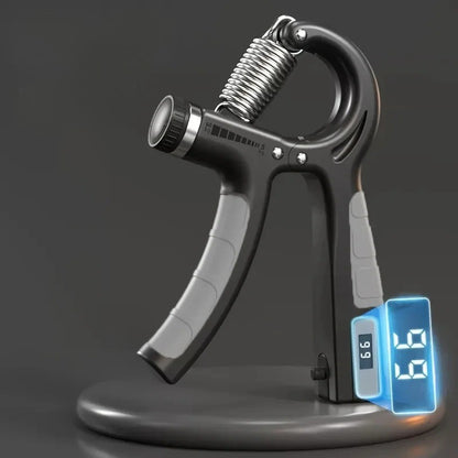 Hand grip noir et gris sur socle, éclairage bleu futuriste.