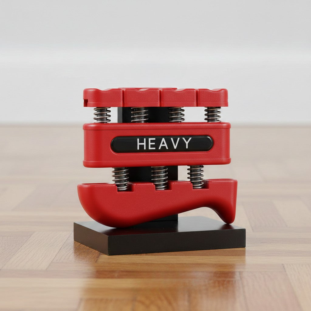 Hand grip rouge affichant lourd sur support le fond blanc.