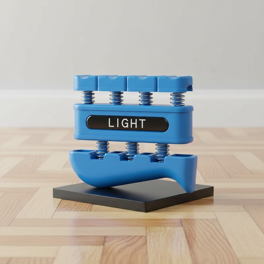 Hand grip sur support pose sur parquet, fond blanc neutre.