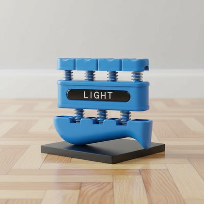 Hand grip sur support pose sur parquet, fond blanc neutre.