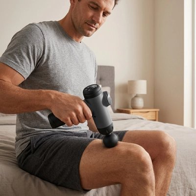 Homme assis au lit utilisant pistolet de massage au genou.