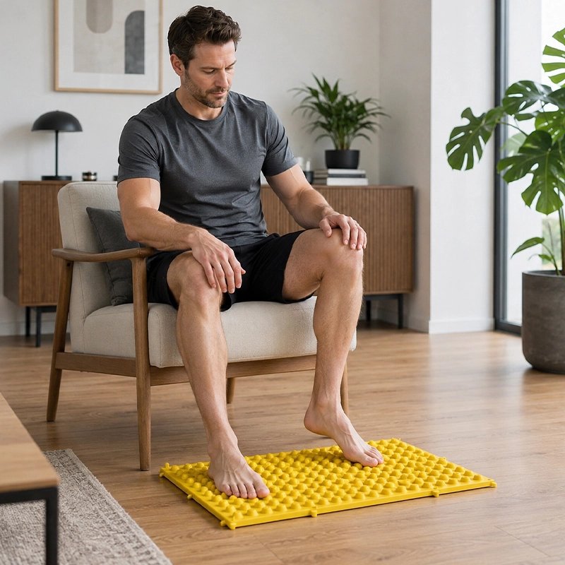 Homme assis massant pieds sur tapis d'acupression, salon lumineux.