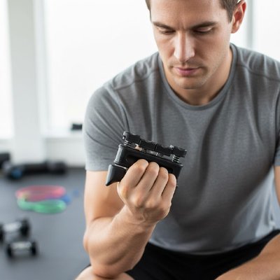 homme assis s'entraîne avec un hand grip au gymnase.