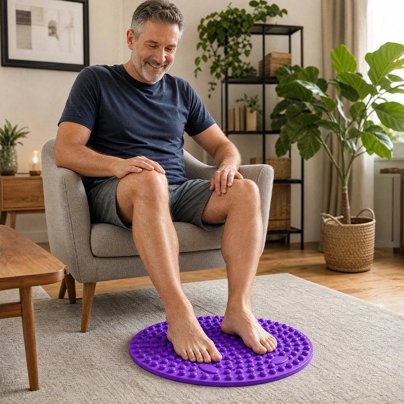Homme assis souriant pieds nus pose sur tapis d'acupression.