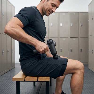Homme au vestiaire utilisant un pistolet de massage sur cuisse.