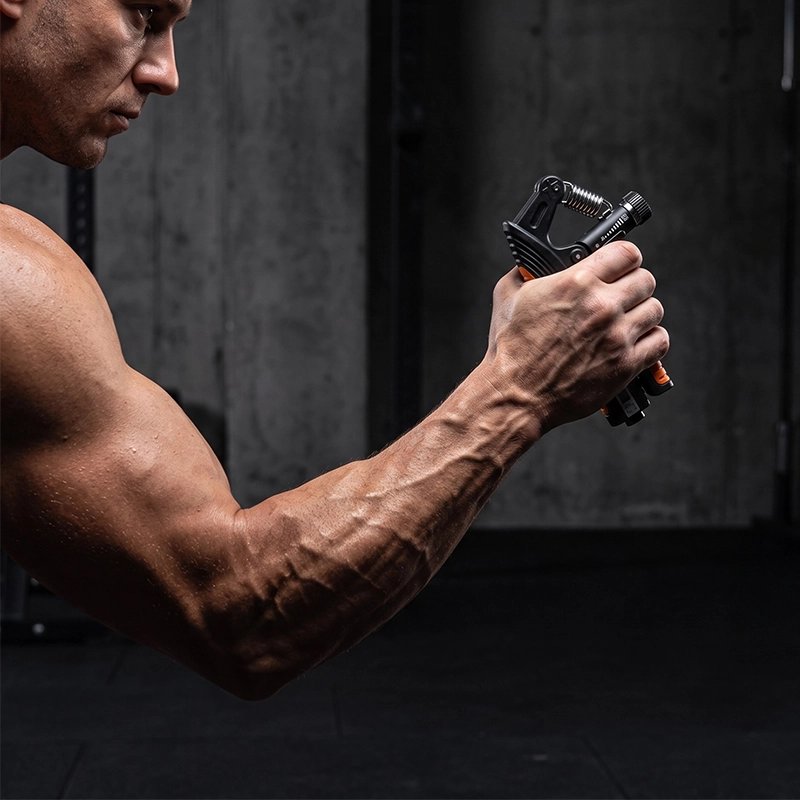 Homme musclé serrant un Hand grip dans une salle sombre.