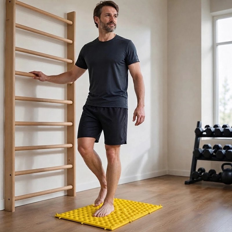 Homme s'appuyant l'espalier, pieds sur tapis d'acupression