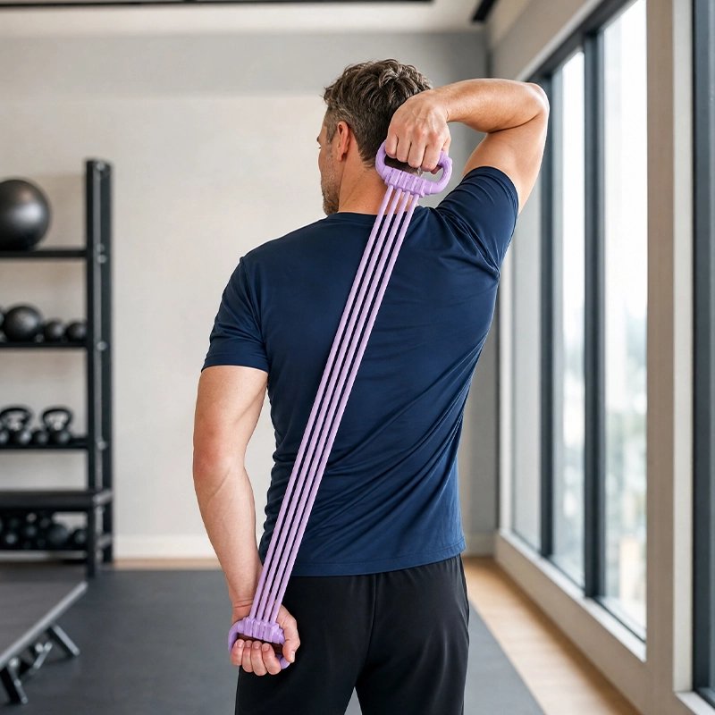 Homme utilisant bande de résistance pour étirement dorsal en salle.