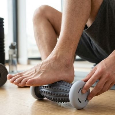Homme utilisant rouleau de massage texturé tenu fermement au sol.