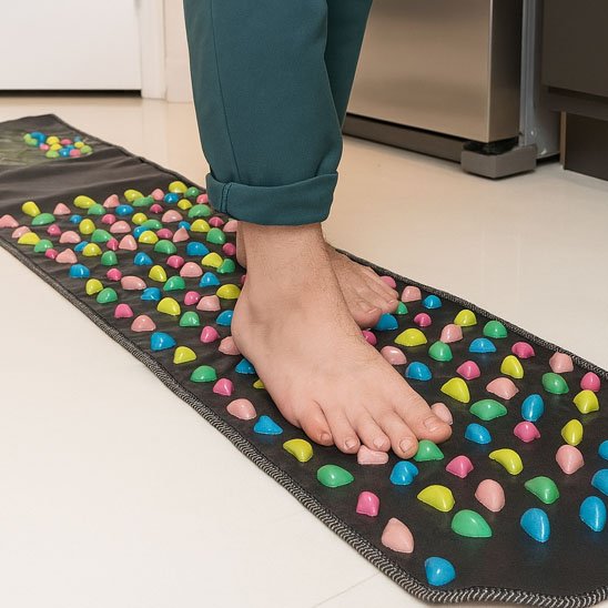 Les Pieds nus sur tapis d’acupression coloré, sol intérieur moderne, cuisine.