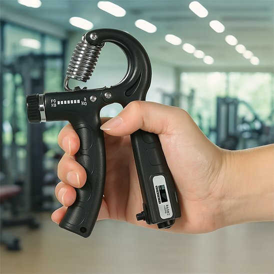 Main serrant hand grip avec compter digital dans un gymnase.