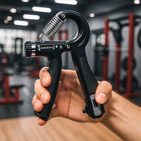 Main tenant un hand grip dans une salle de sport.
