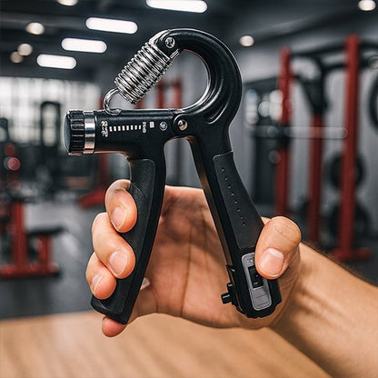 Main tenant un hand grip dans une salle de sport.