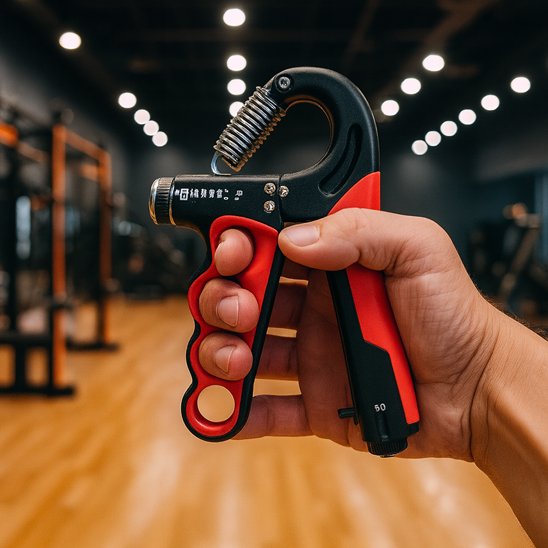 Main tenant un hand grip dans une salle de sport.