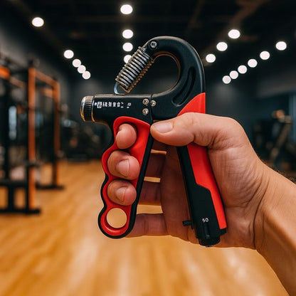 Main tenant un hand grip dans une salle de sport.