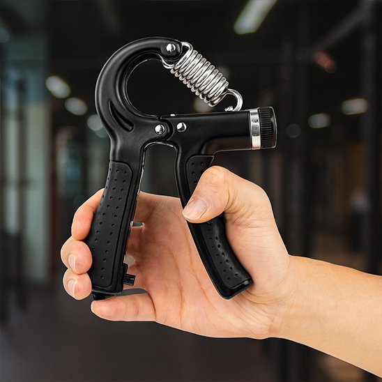 Main utilisant hand grip au fond flou de salle sportive.