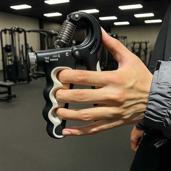 Main utilisant un hand grip en salle de gym lumineuse.