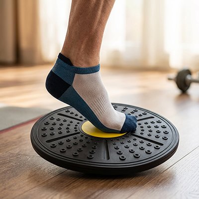 Pied en appui sur une Planche d'équilibre pour entraînement.