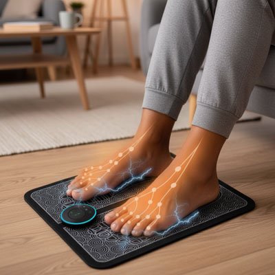 Pieds reposant sur Appareil masseur pieds illustrant stimulation et relaxation musculaires.
