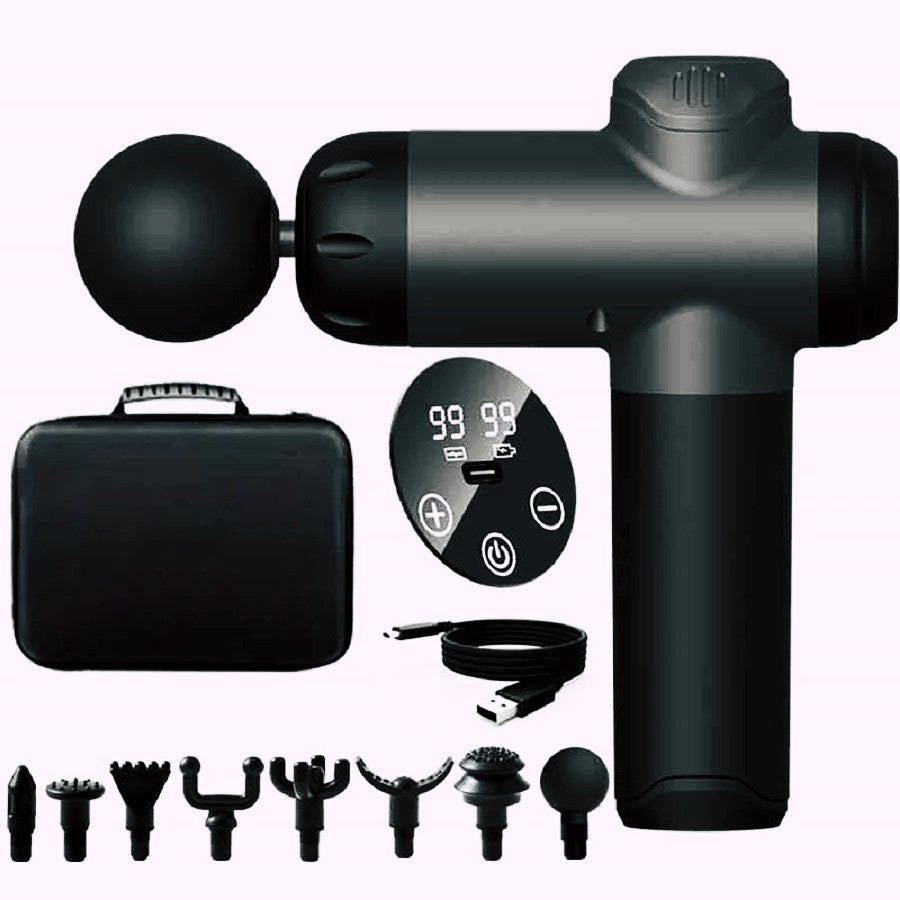 Pistolet de massage avec mallette, écran, câble et embouts variés.