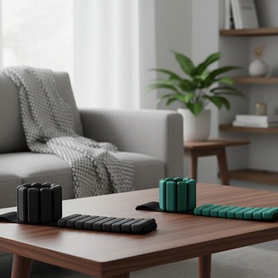 Poids cheville noirs et verts sur une table basse.