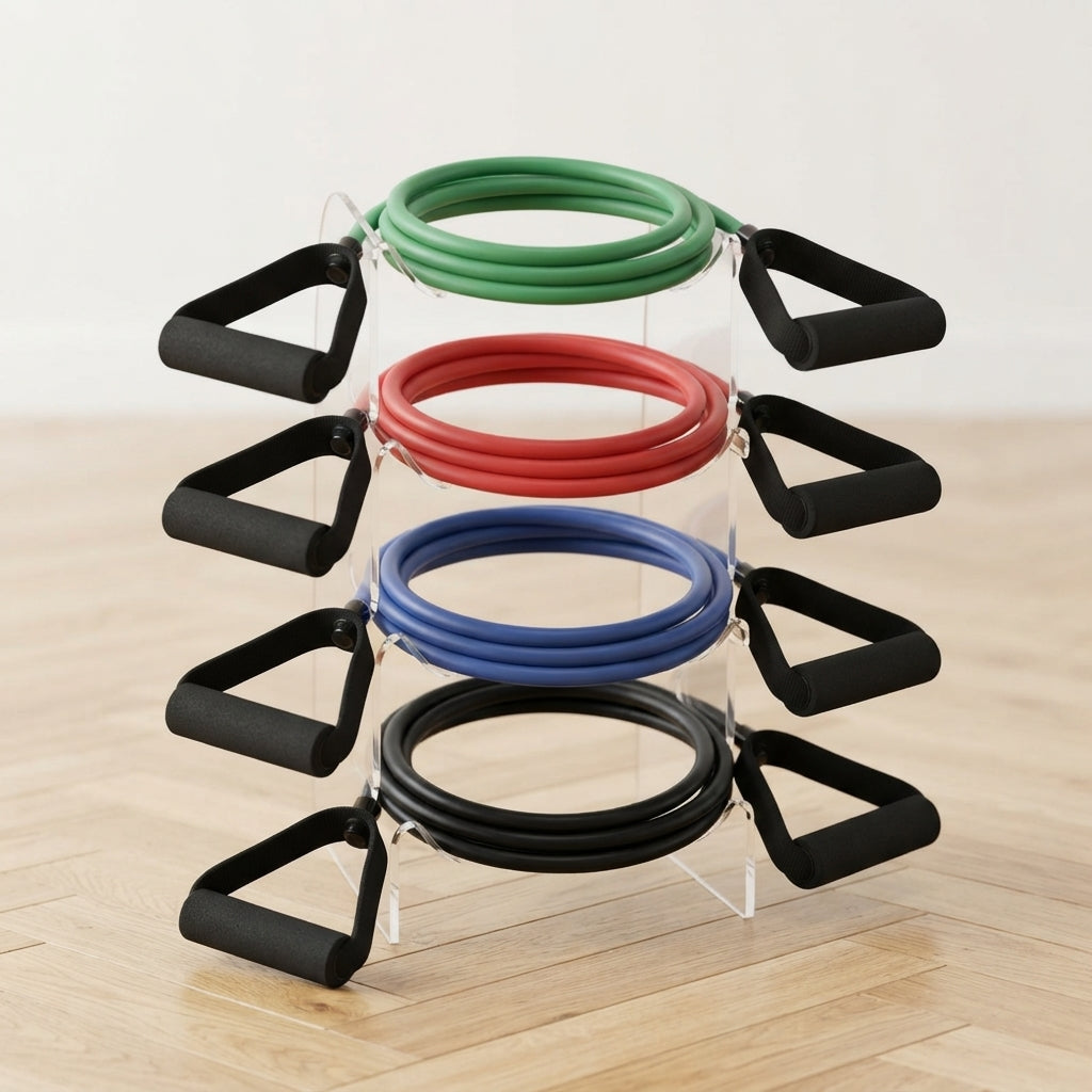Quatre élastique musculation colorés sur présentoir transparent avec poignées noires.