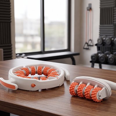 Rouleau de massage  blanc et orange sur table en bois