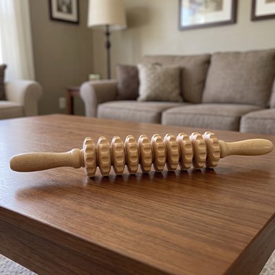 Rouleau de massage en bois posé sur une table basse.