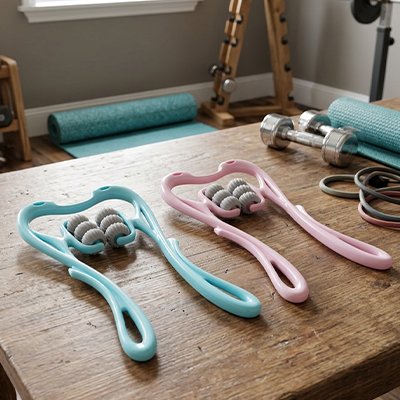 rouleaux de massage colorés sur table en bois et accessoires.
