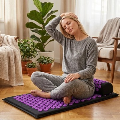 Tapis d acupression femme assise étirant la nuque, au salon.