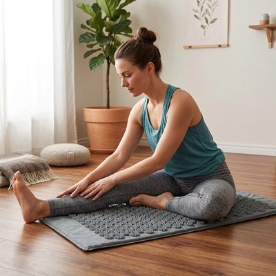 Tapis d acupression femme assise s'étirant vers ses pieds, salon.