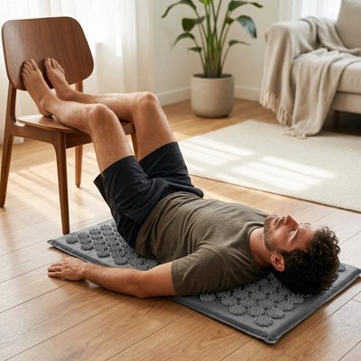 Tapis d acupression homme allongé, jambes surélevées sur une chaise.