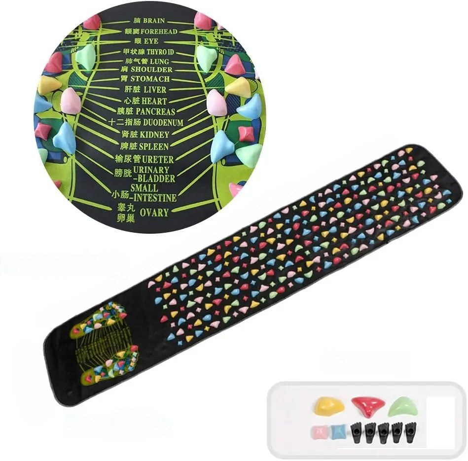  Tapis d’acupression avec points réflexes étiquetés et accessoires colorés.