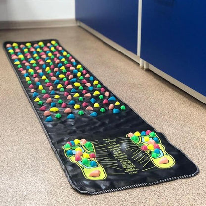 Tapis d'acupression coloré avec schémas de réflexologie plantaire, posé au sol.