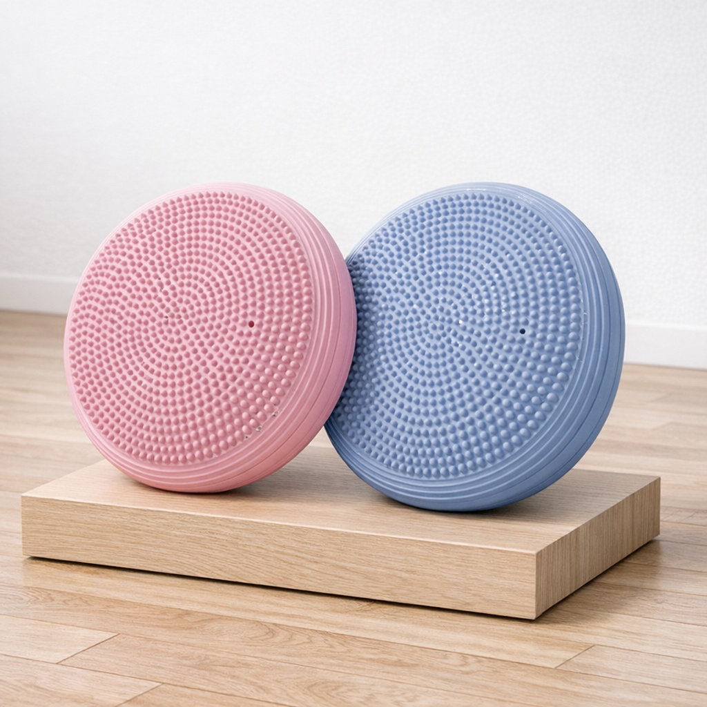tapis pilates, rose et bleu, sur un présentoir bois claire.