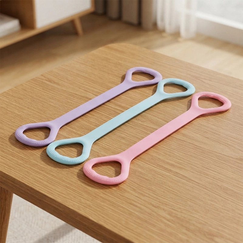 Trois bandes de résistance colorées posées sur table en bois.