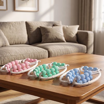 Trois modèles de rouleau de massage posés sur une table.