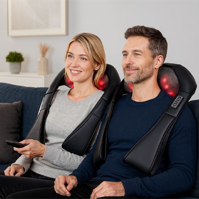 Un Couple souriant sur canapé appareil de  massage sur l épaules.