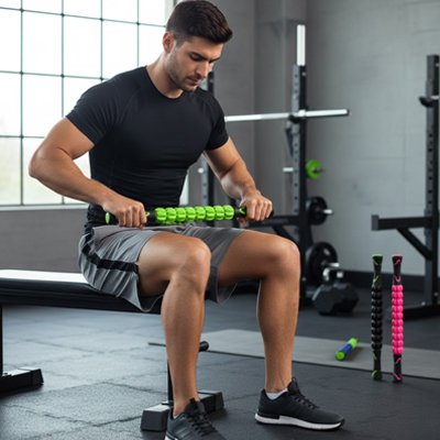 Un Homme assis massant ses cuisses avec rouleau de massage en salle sport