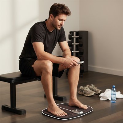 Un Homme assis sur un banc utilisant un appareil pour massage des pieds