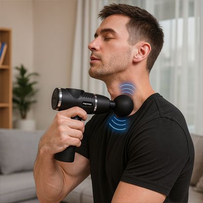 Un homme assis utilisé sur le cou un  Pistolet de massage