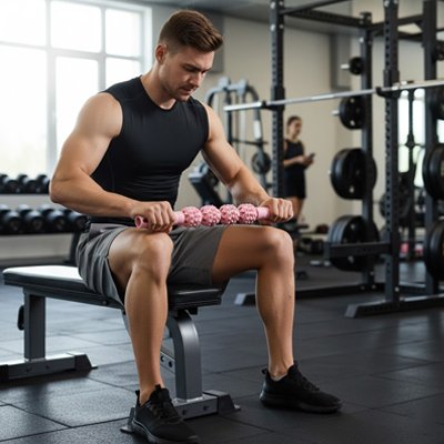 Un Homme en salle de gym utilisant un Rouleau de massage sur ses cuise